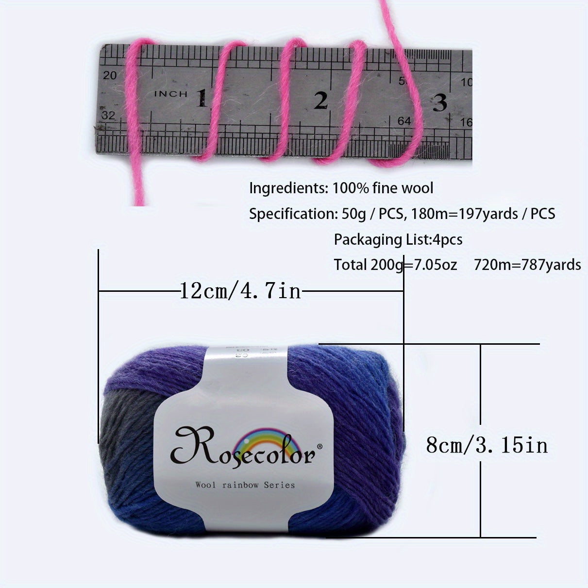 4pcs 100 Wool Yarn Knitted Hand Woven Rainbow Cashmere Woolen Yarn