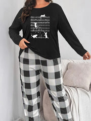 Plus Cat & Musical Notes Print Pajamas Set Crew Neck Tee & Plaid Pants 2 Piece