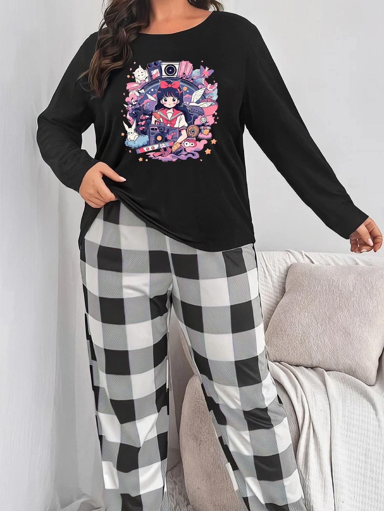 Anime Print Long Sleeve Top & Plaid Pants Lounge Set