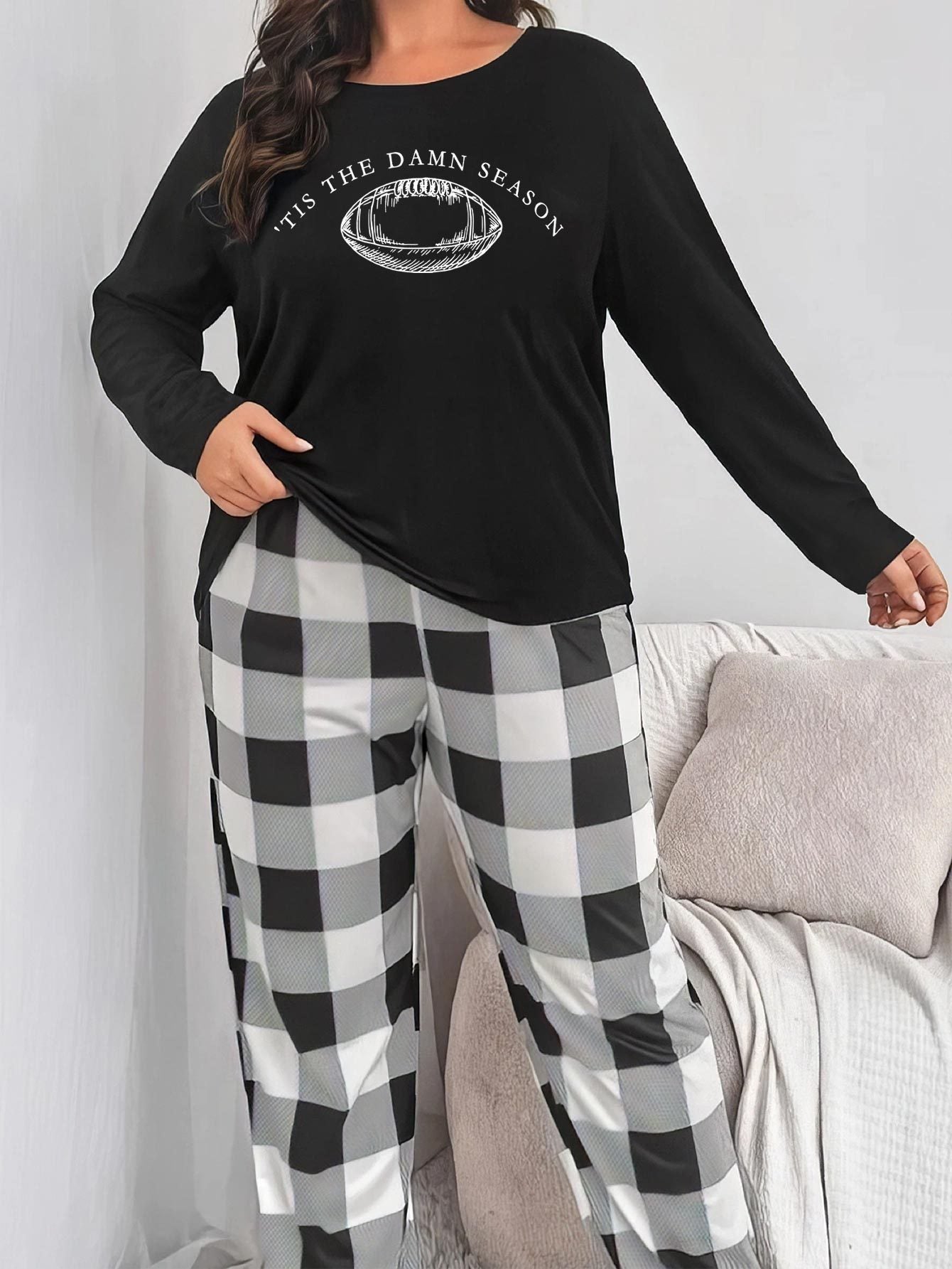 Casual Pajamas Set Women's Plus Rugby & Letter Print