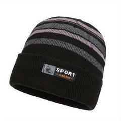 Winter Striped Warm Fleece Lined Knitted Beanie Hat for Men