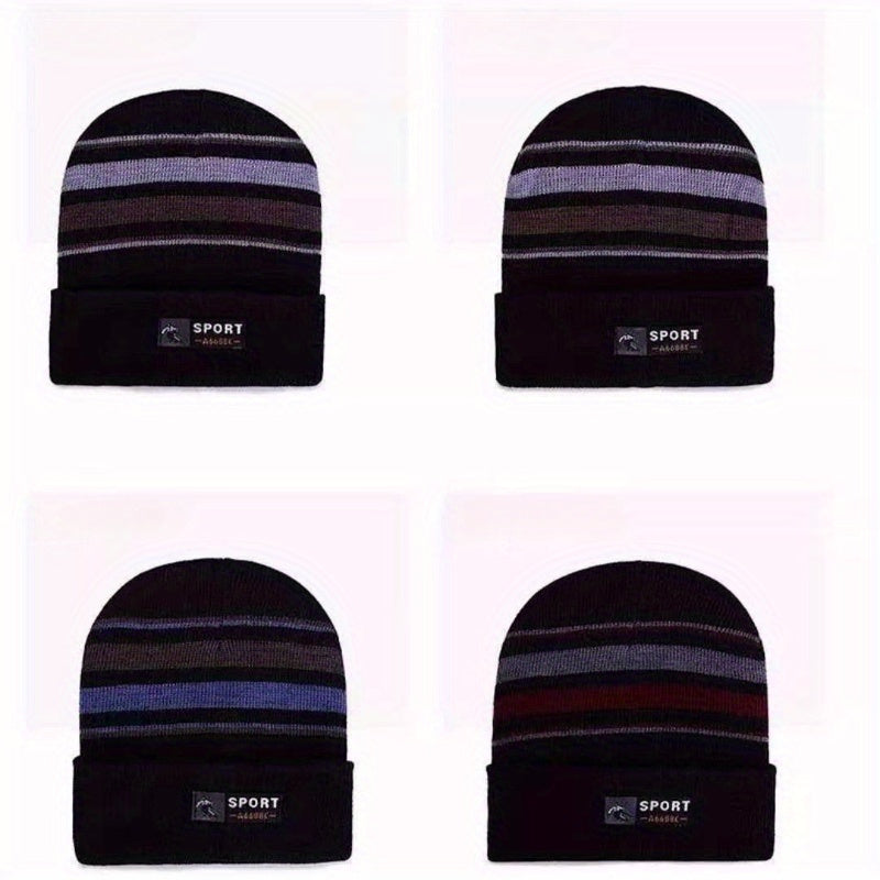 Winter Striped Warm Fleece Lined Knitted Beanie Hat for Men