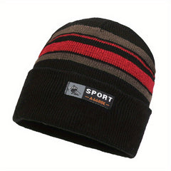 Winter Striped Warm Fleece Lined Knitted Beanie Hat for Men