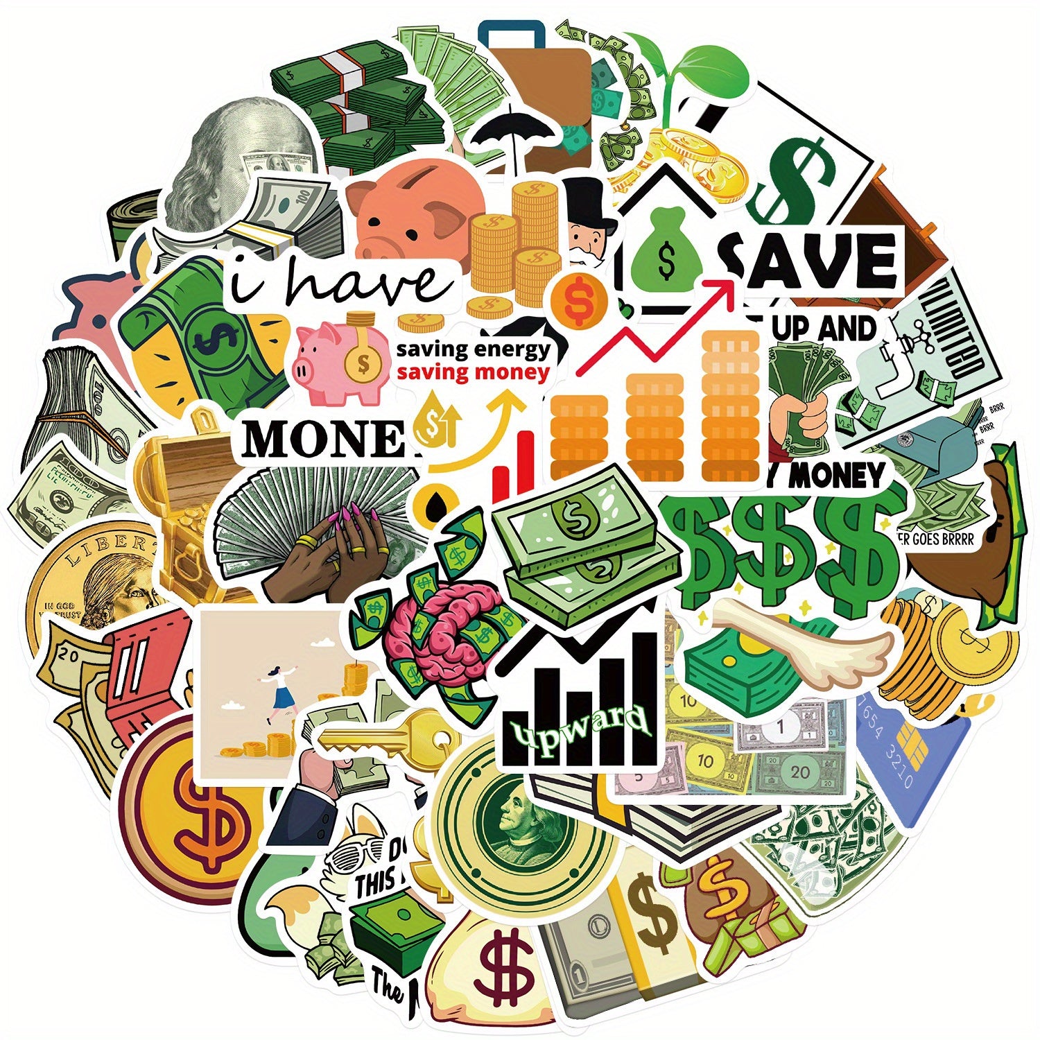50pcs Money Dollar Stickers for Books Laptops Water Cups Mobile Phone