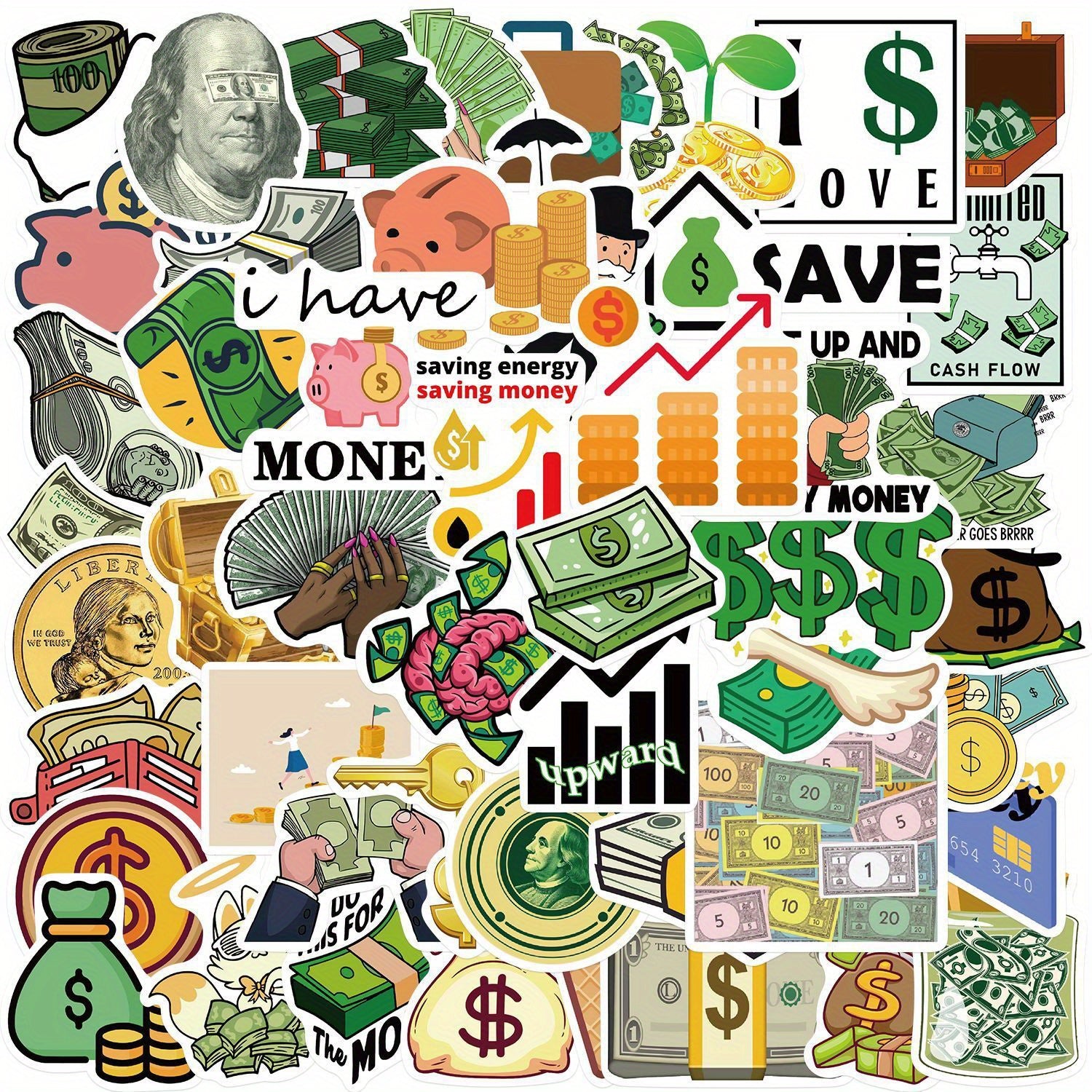 50pcs Money Dollar Stickers for Books Laptops Water Cups Mobile Phone