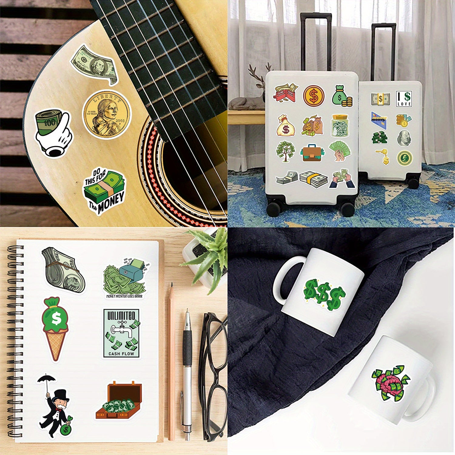 50pcs Money Dollar Stickers for Books Laptops Water Cups Mobile Phone
