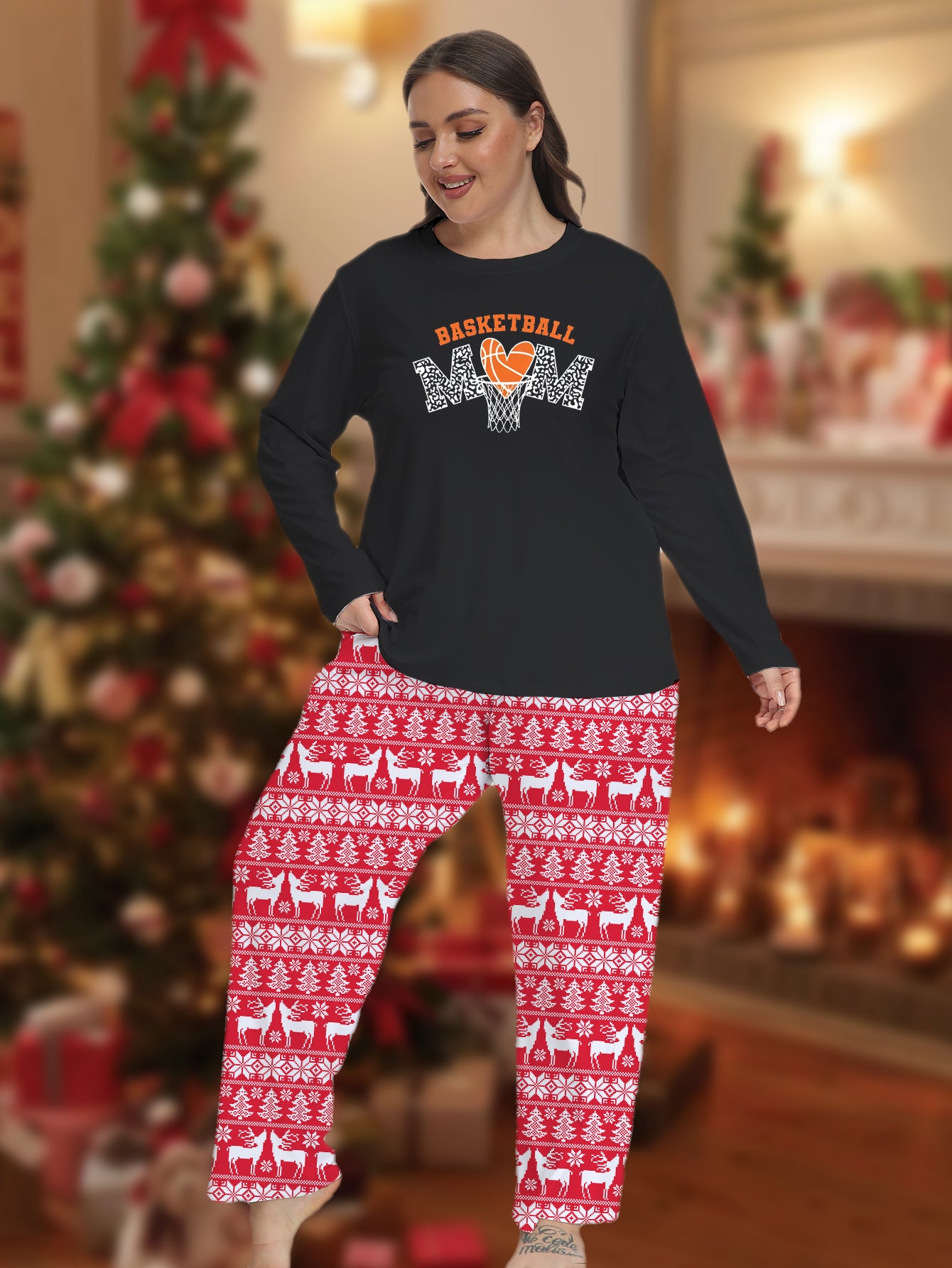 Plus Size Christmas Sporty Pajamas Set - Heart Basketball Letter & Elk Str