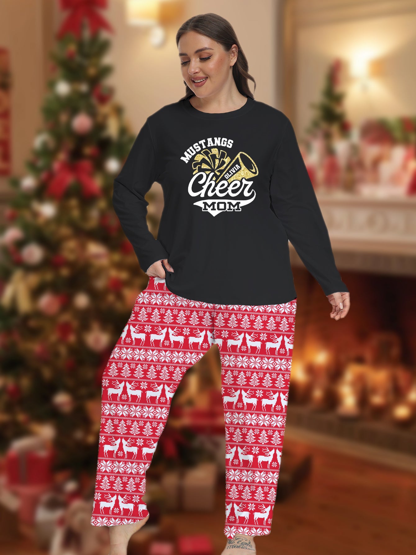 Christmas Casual Pajamas Set Women's Plus Bell & Letter Print Long Sle