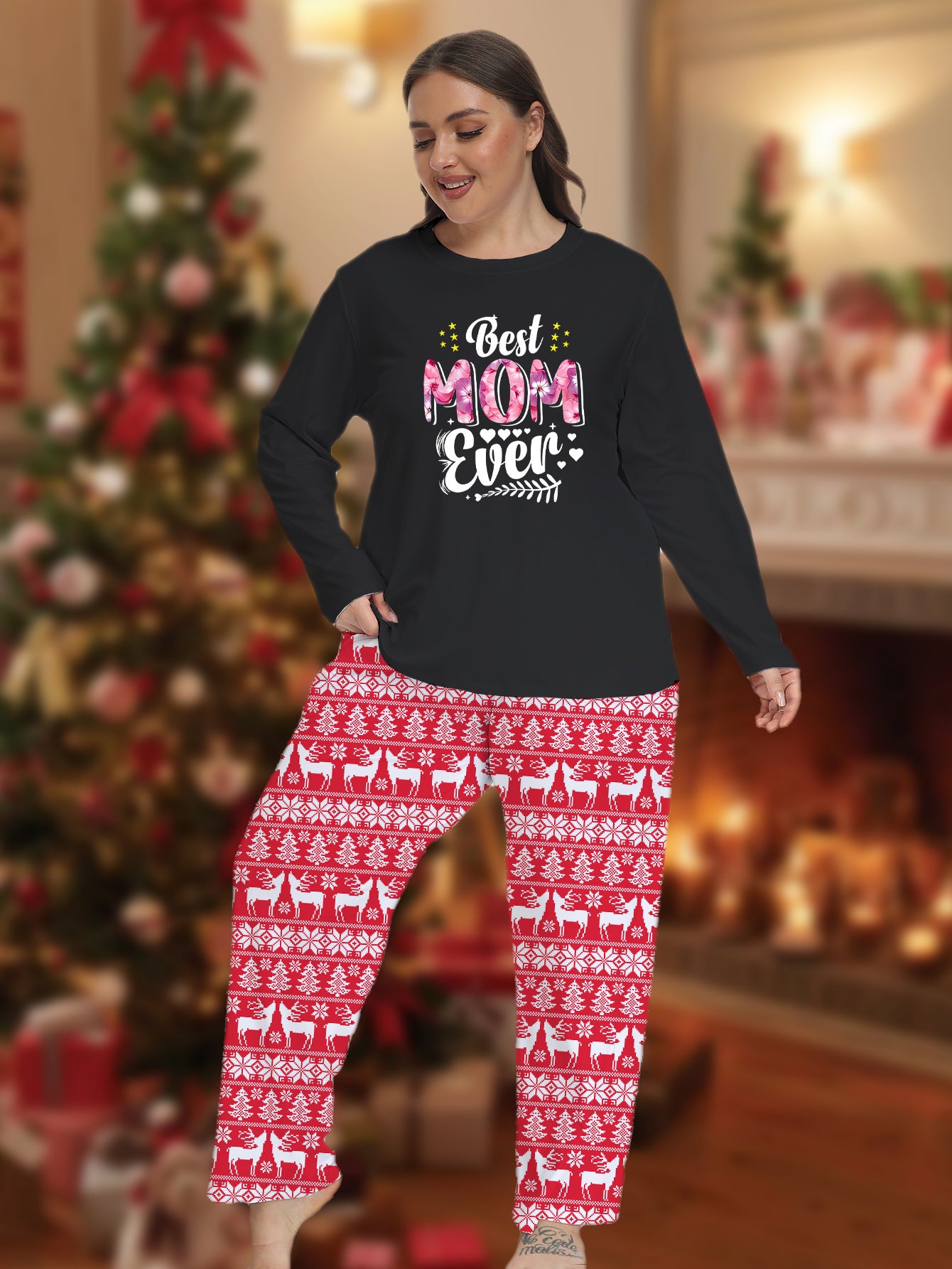 Christmas Casual Pajamas Set Women's Star & Elk Striped Print
