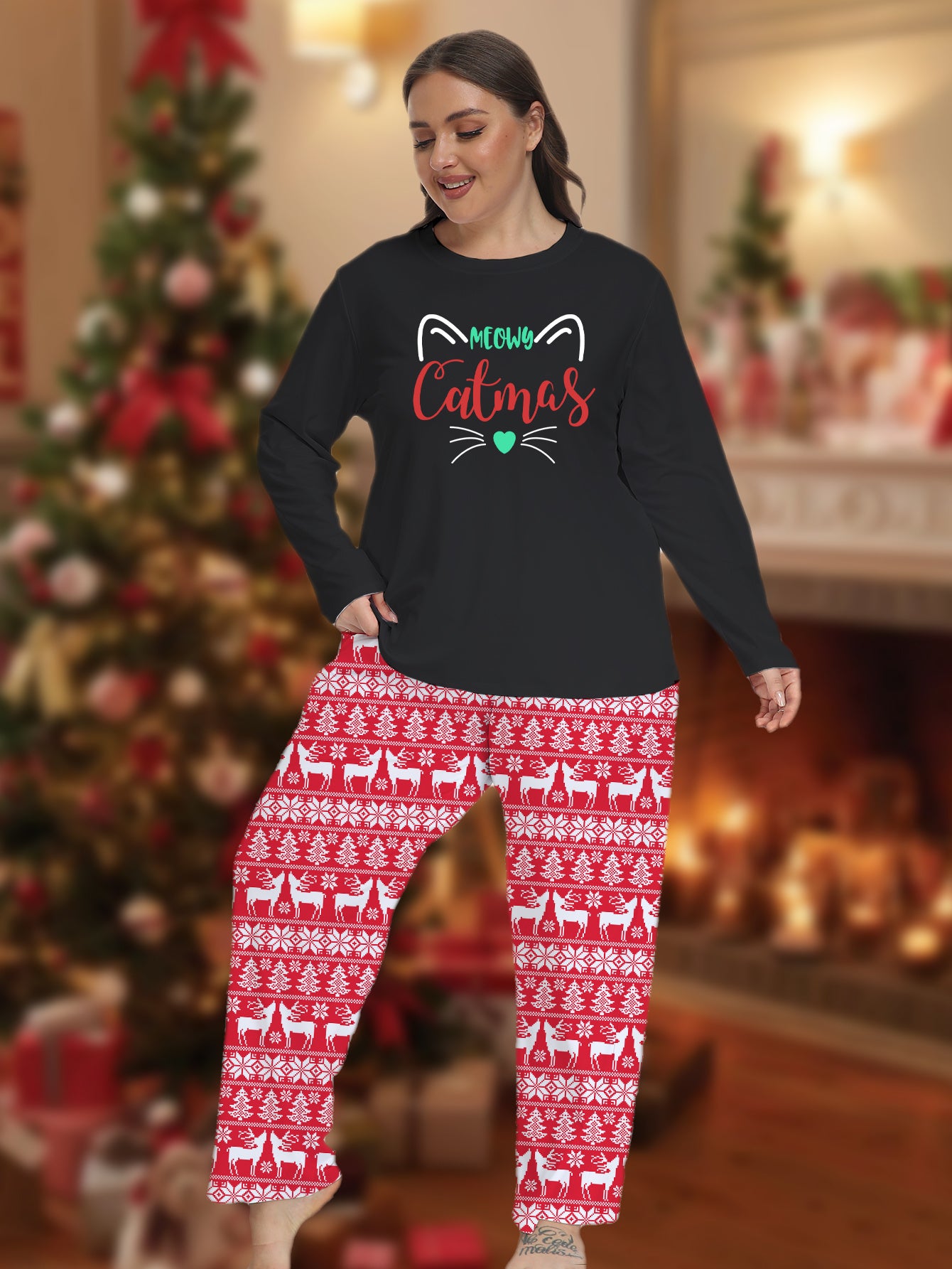 Christmas Pajamas Set Women's Plus Letter Cat & Elk Striped Print