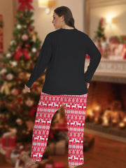 Christmas Pajamas Set Women's Plus Letter Cat & Elk Striped Print