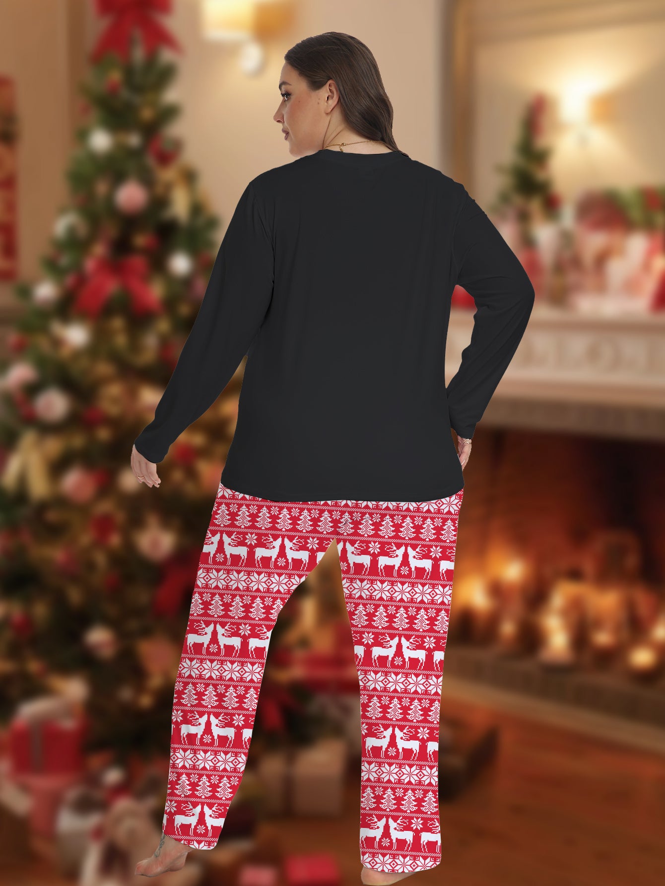 Christmas Pajama Set Women's Plaid Tee & Striped Pants Lounge 2 Piece