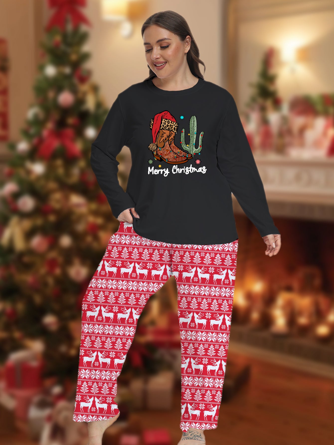 Christmas Western Pajamas Set & Graphic Tee Plus Size Women's Outfit