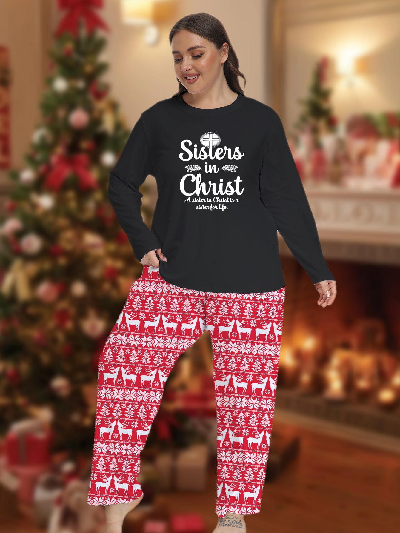 Women's Plus Size Christmas Pajama Set Long Sleeve T-Shirt & Pants Lounge