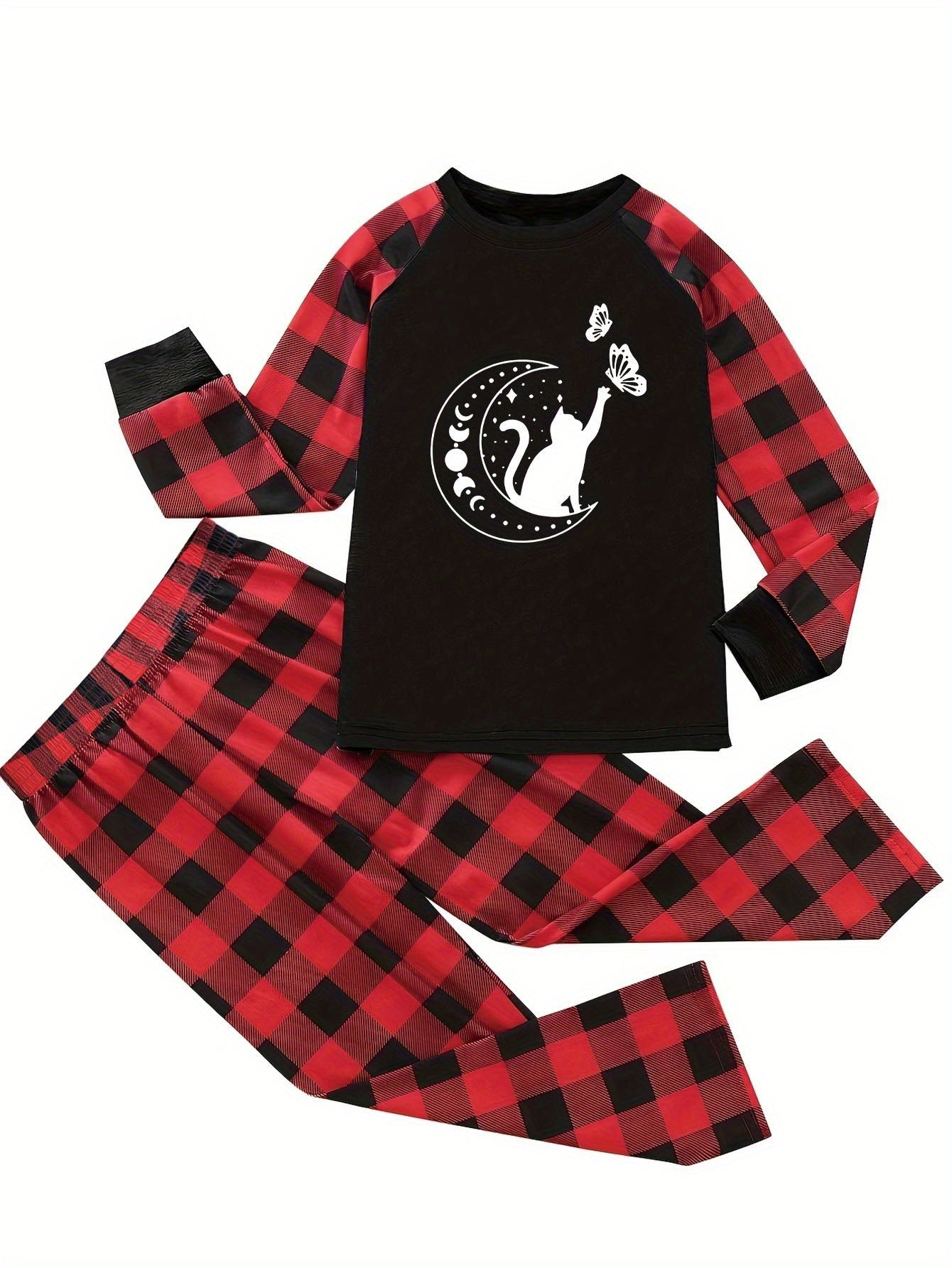 Moon & Cat Print Raglan Sleeve Top & Plaid Pants Lounge Set