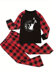 Moon & Cat Print Raglan Sleeve Top & Plaid Pants Lounge Set