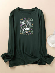 Lounge Top Women's Plus Slogan & Floral Print Long Sleeve Home Tee