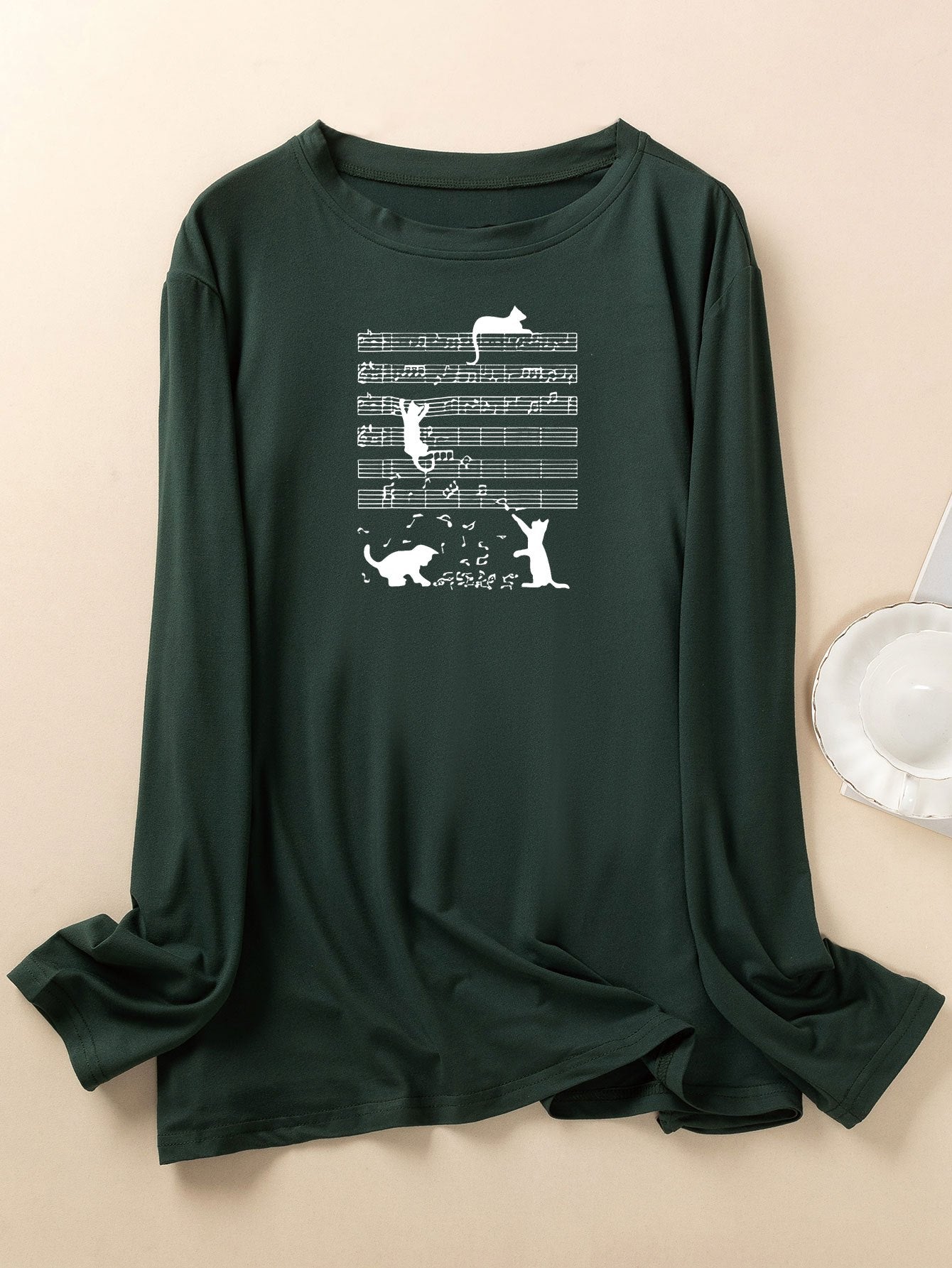 Women's Plus Cat & Musical Note Print Lounge Top Long Sleeve Crew Neck Tee