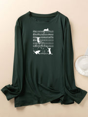Women's Plus Cat & Musical Note Print Lounge Top Long Sleeve Crew Neck Tee