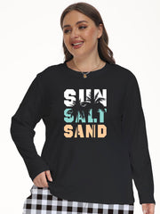 Coconut Tree & Letter Print Plus Size Lounge Top Long Sleeve Crew Neck Tee