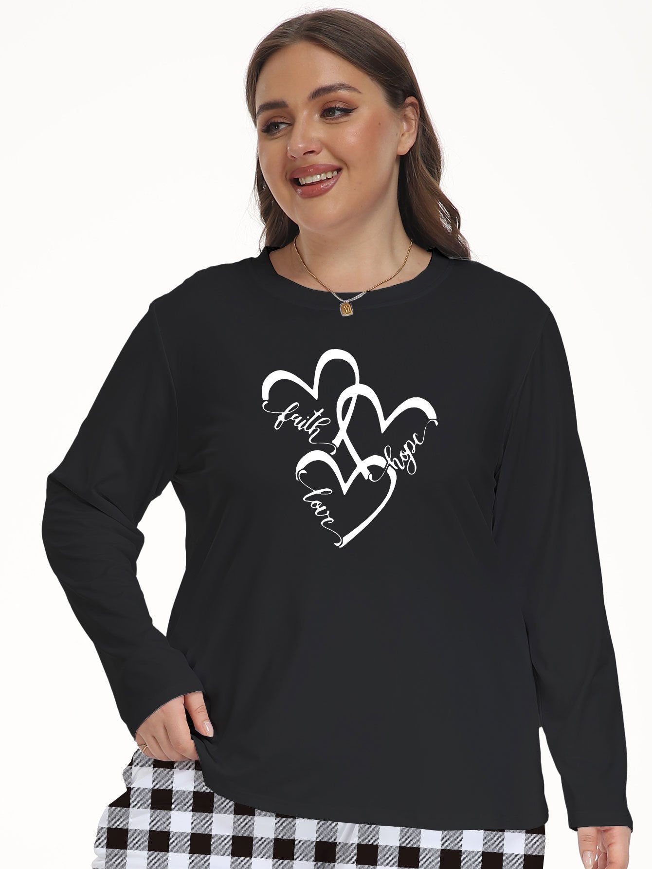 Heart Letter Print Long Sleeve Crew Neck Lounge Top