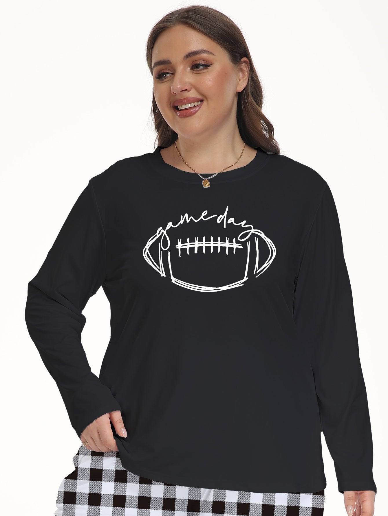 Lounge Top Women's Plus Letter Rugby Print Long Sleeve Tee
