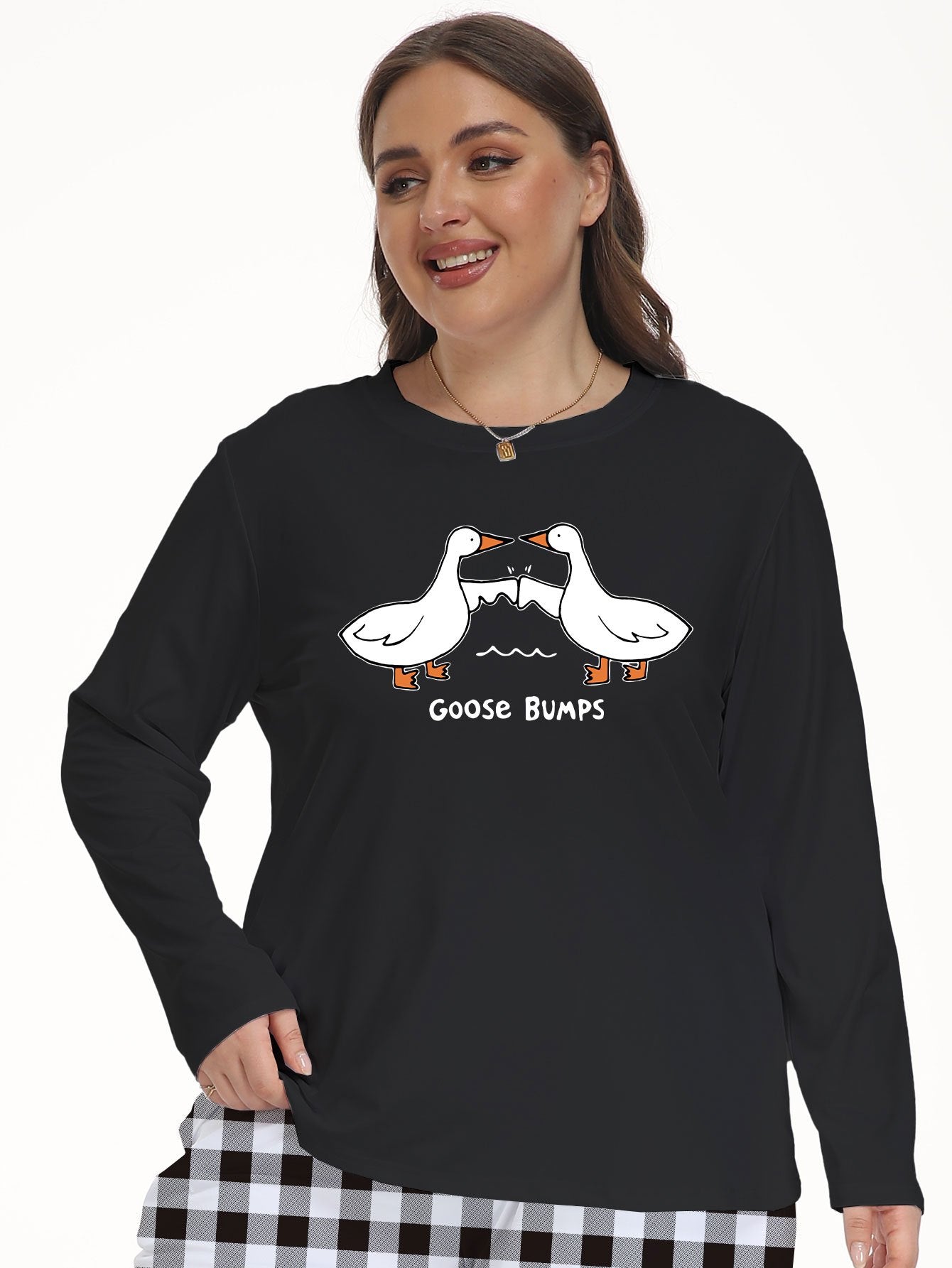Women's Plus Cartoon Goose Print Lounge Top Long Sleeve Crew Neck Tee