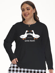 Women's Plus Cartoon Goose Print Lounge Top Long Sleeve Crew Neck Tee