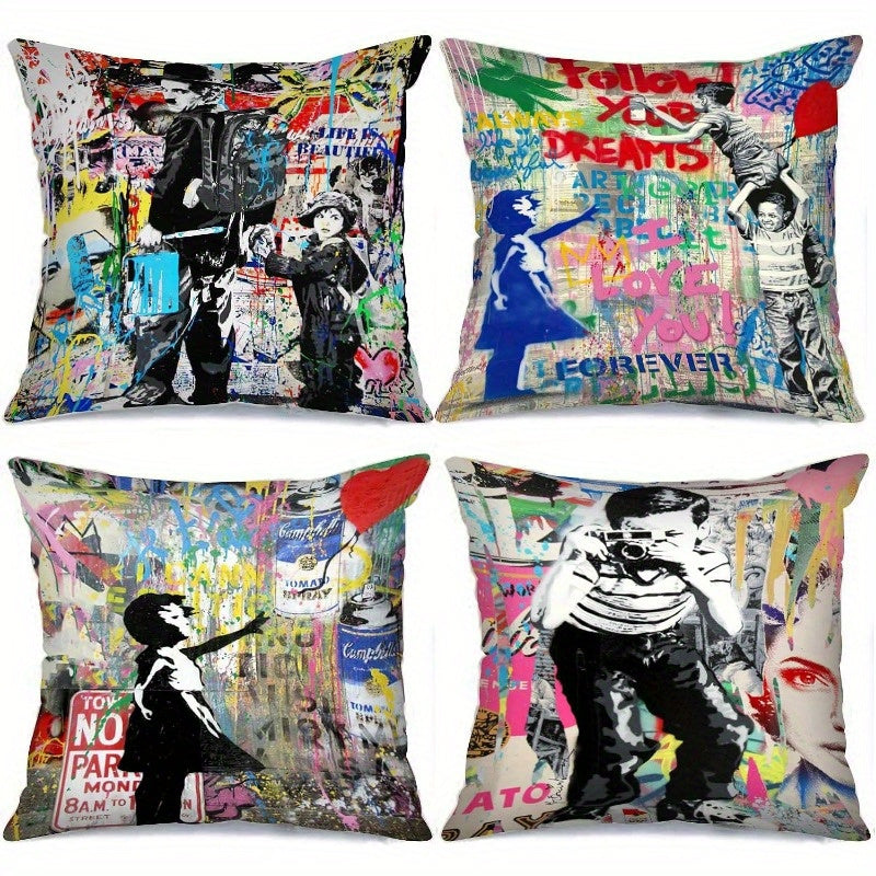4pcs Graffiti Pillowcase for Home Sofa Car Office Coffee Shop 18in