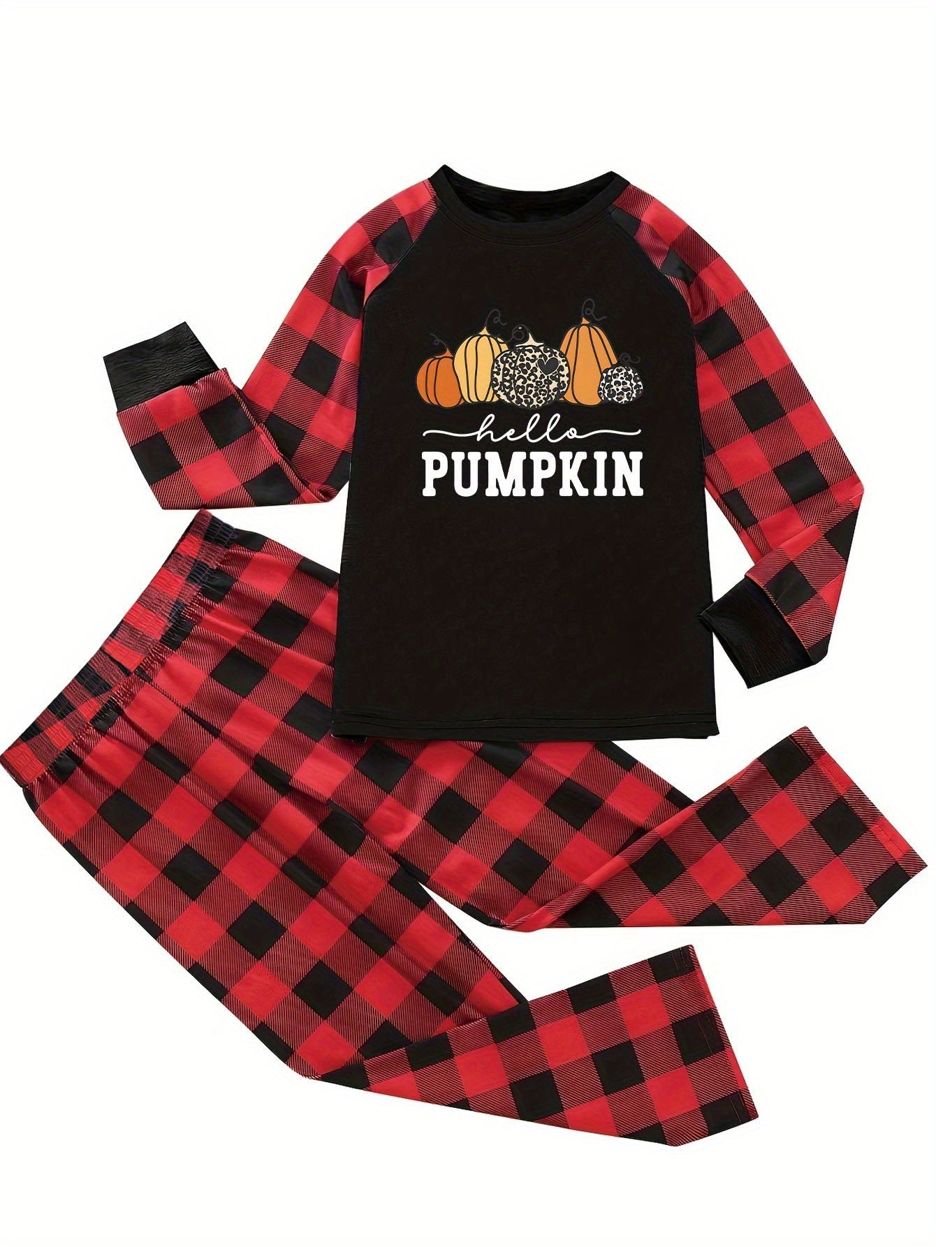 Pumpkin & Plaid Print Raglan Sleeve Pajamas Set