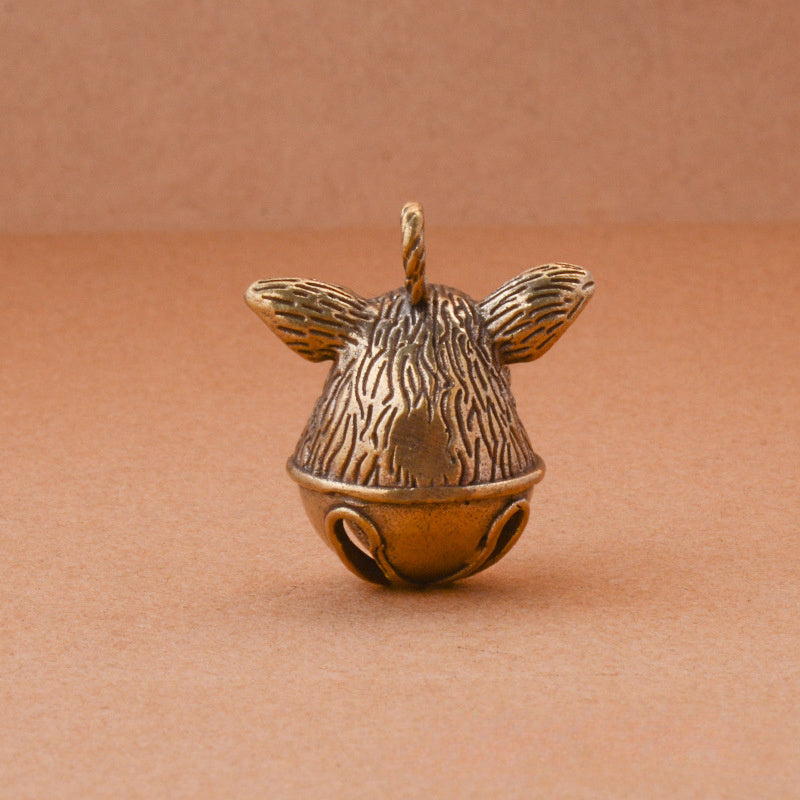 Brass Pig's Head Bell Keychain Pendant, Lucky Zodiac Animal Gift