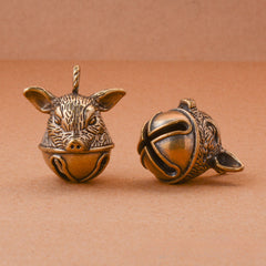 Brass Pig's Head Bell Keychain Pendant, Lucky Zodiac Animal Gift