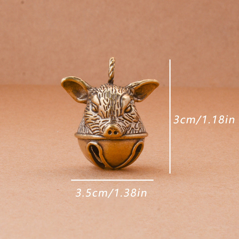 Brass Pig's Head Bell Keychain Pendant, Lucky Zodiac Animal Gift