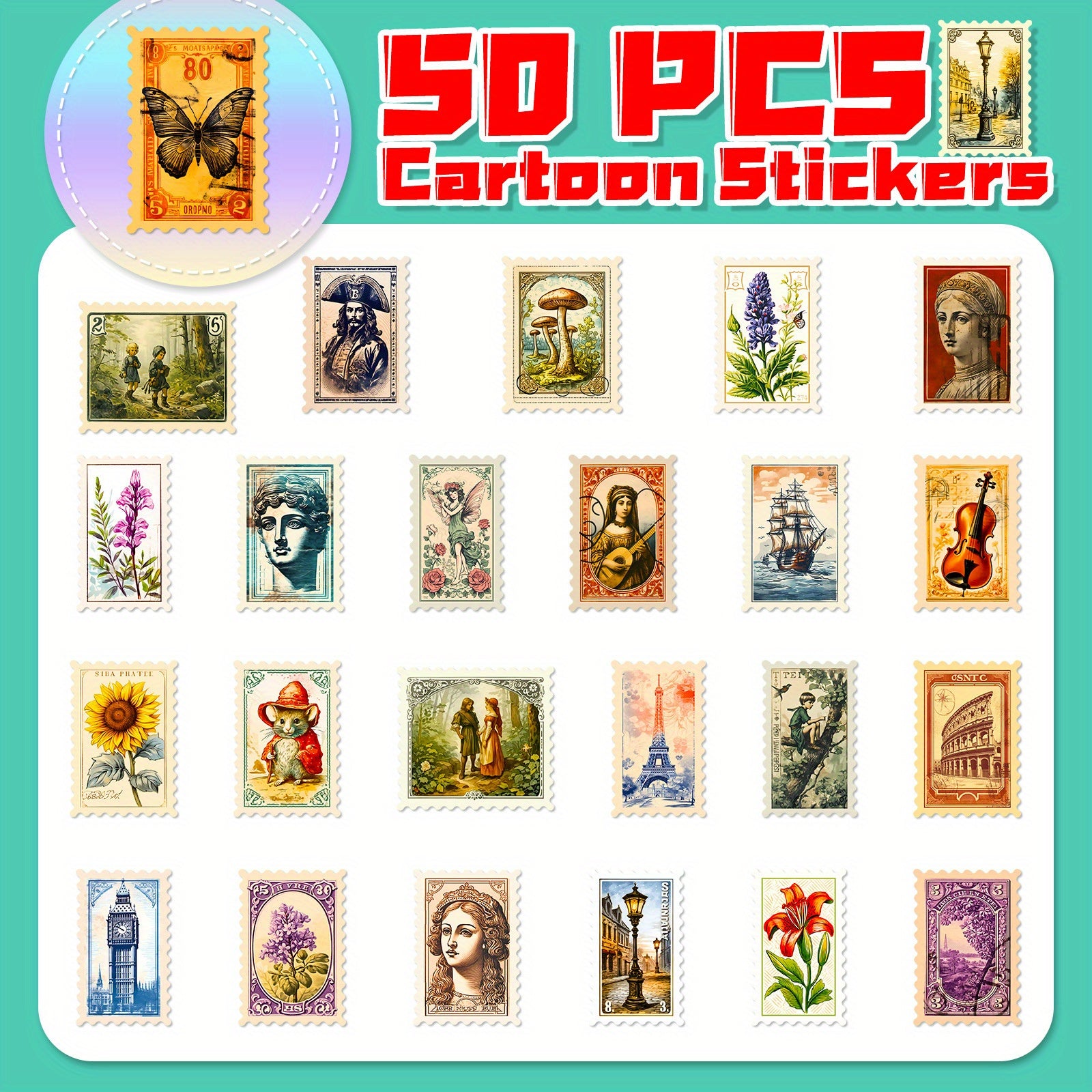 50pcs Medieval Stamp Stickers Retro Journals Diaries DIY Decorative Stickers