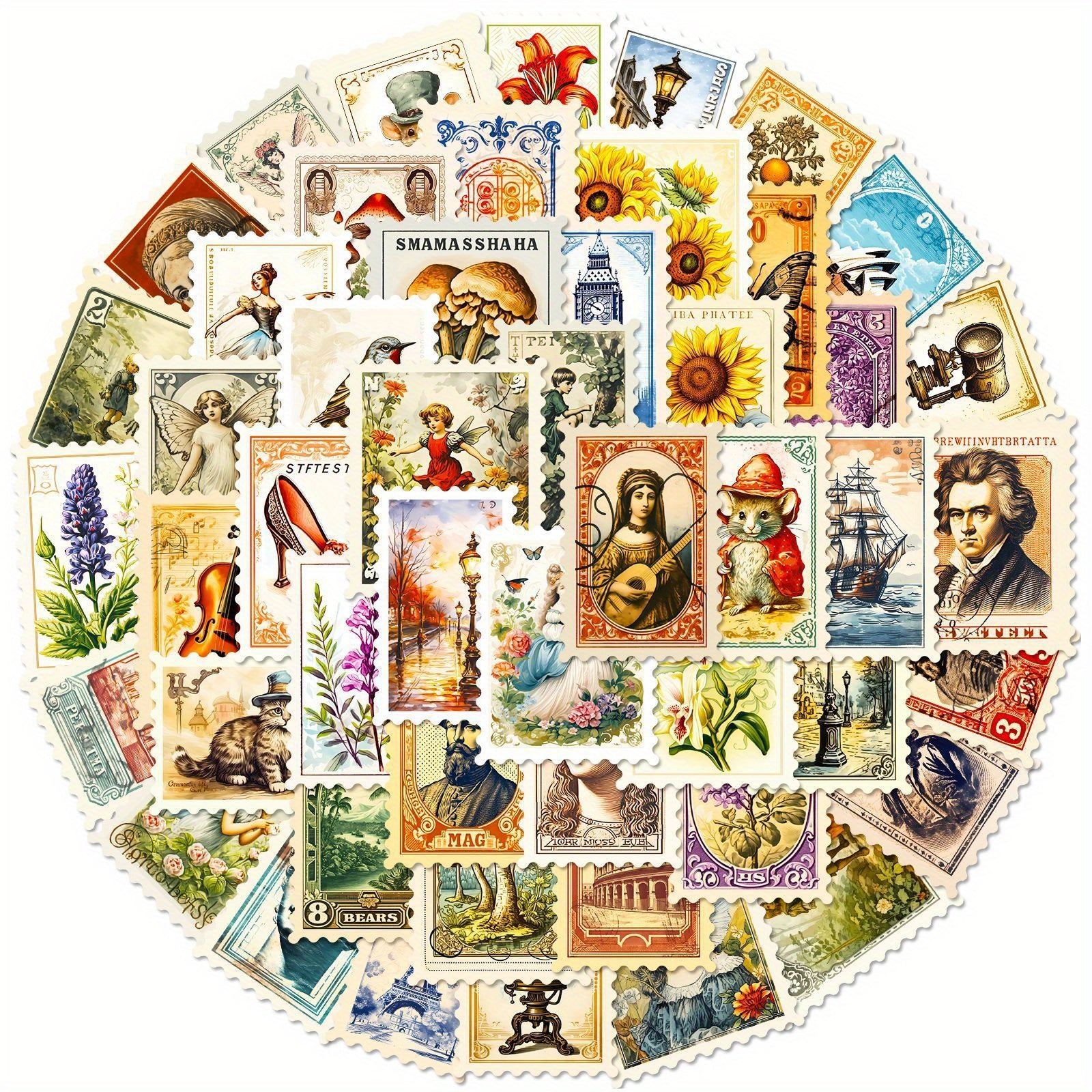 50pcs Medieval Stamp Stickers Retro Journals Diaries DIY Decorative Stickers