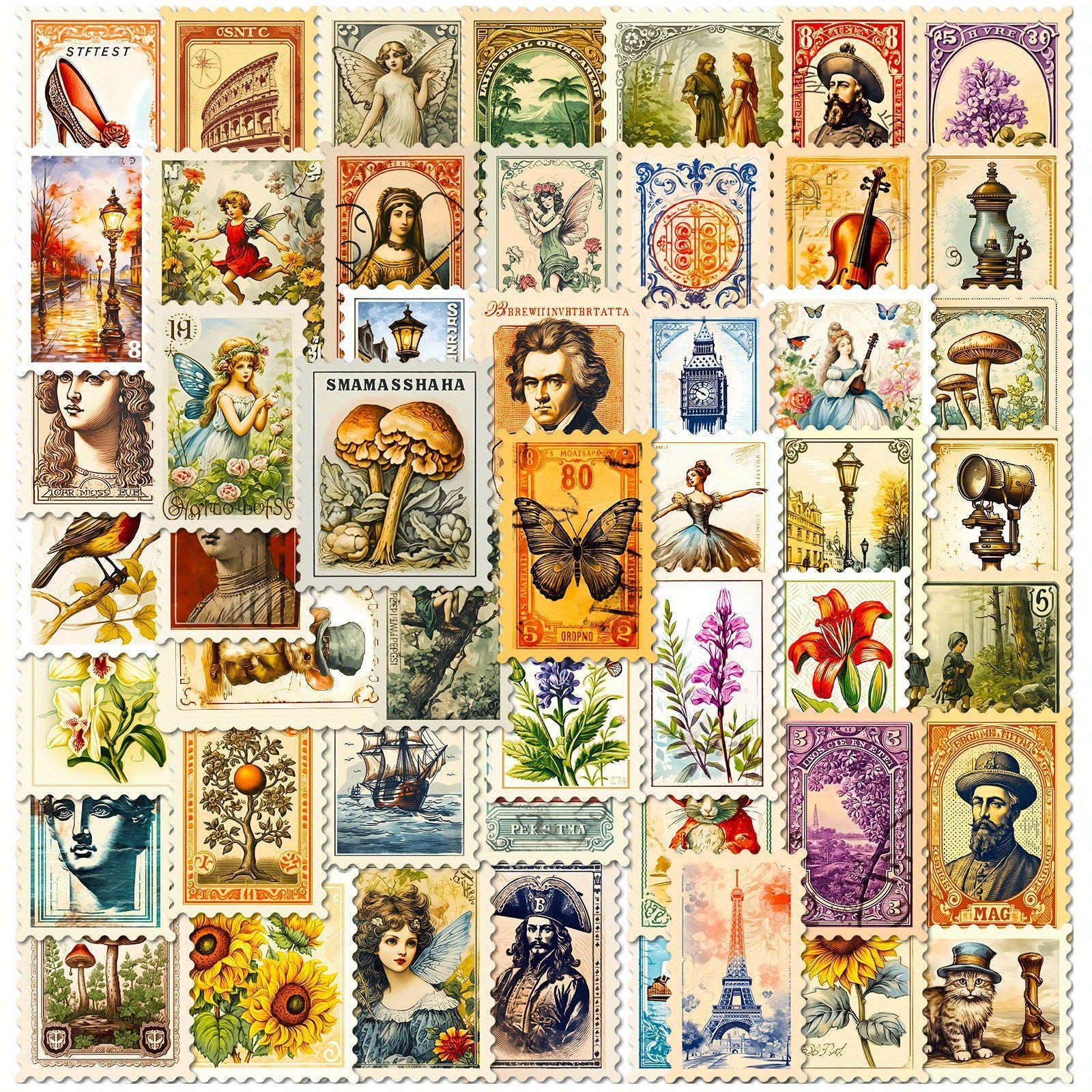 50pcs Medieval Stamp Stickers Retro Journals Diaries DIY Decorative Stickers