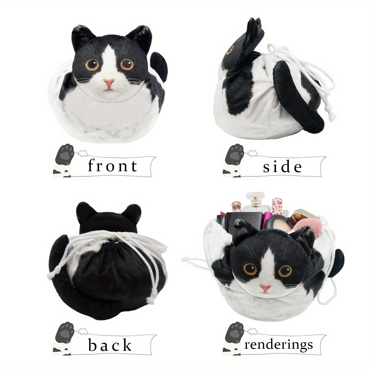 Plush 3D Cat Cosmetic Bag Travel Organizer Drawstring Closure