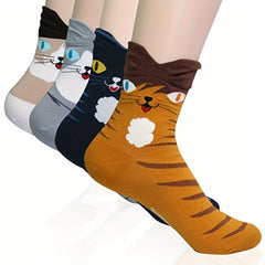 4 Pairs Cat Cartoon Socks Autumn Winter Cotton Socks