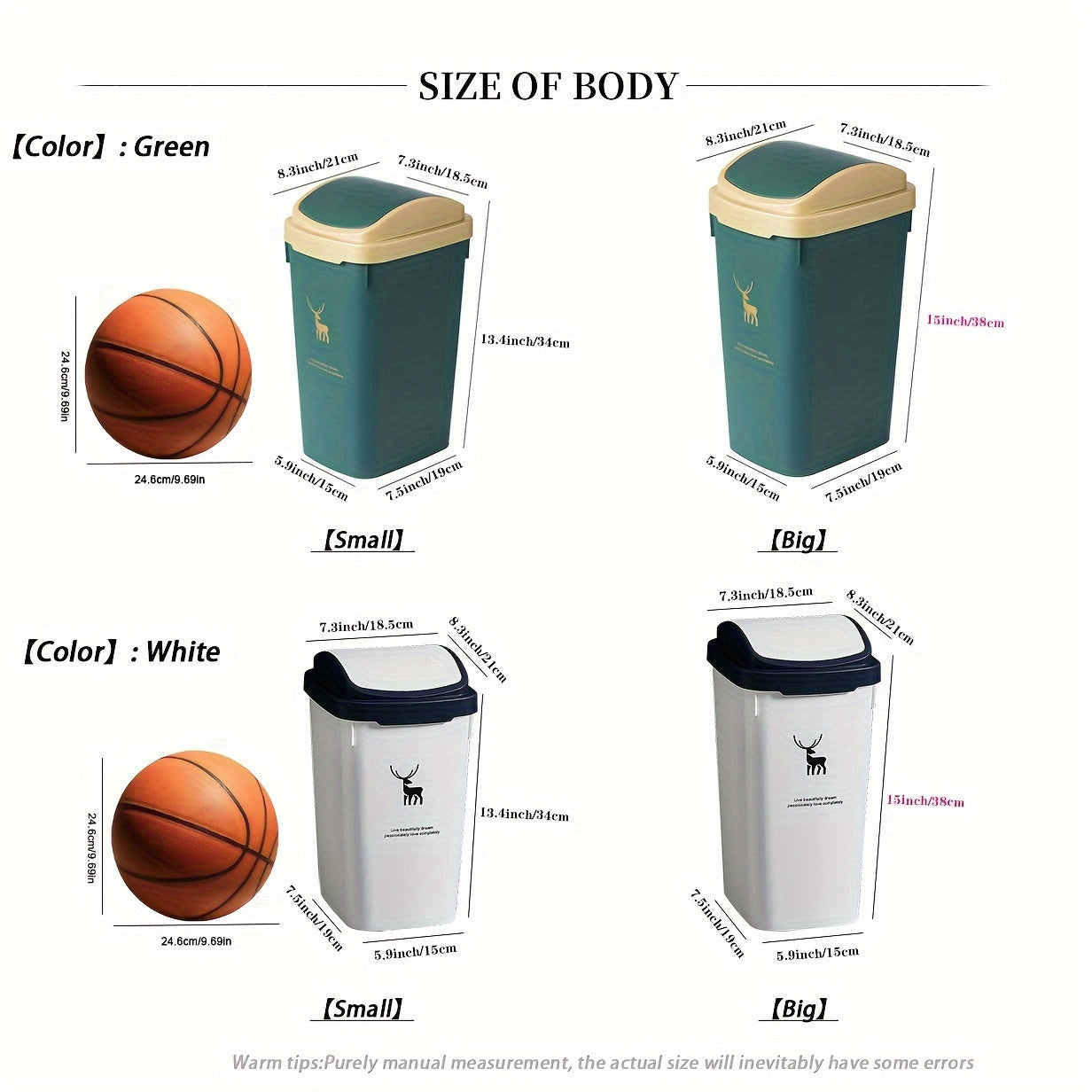 Deer Print Trash Can with Shake Cover 10L 12L