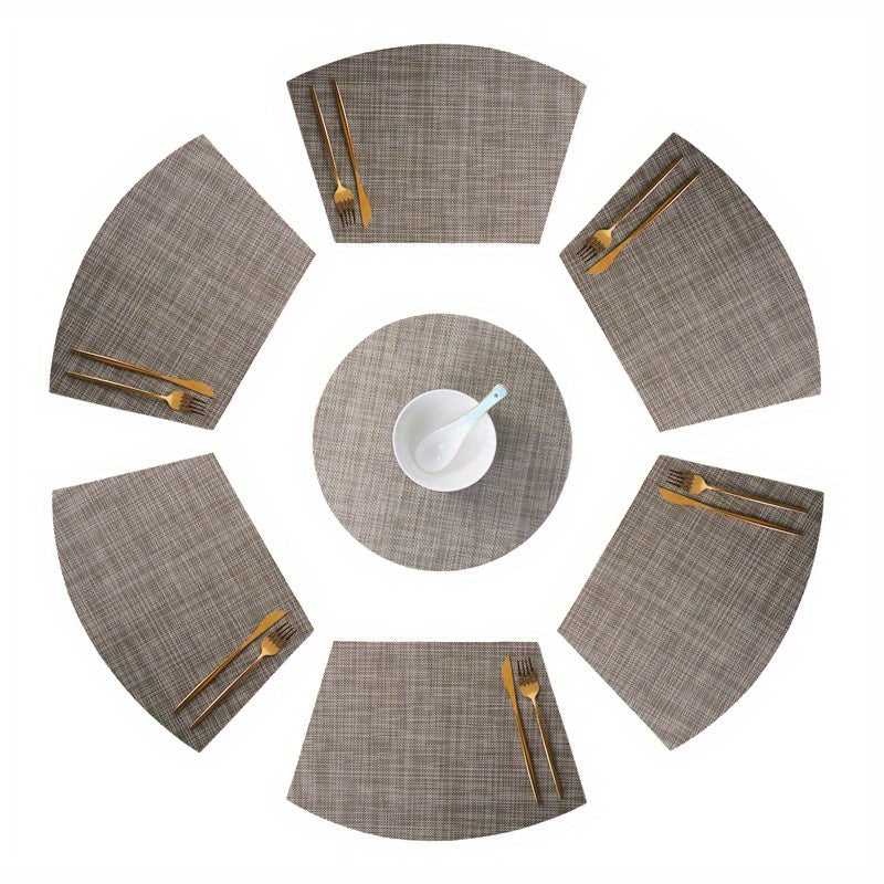 7pcs Waterproof Placemats Set of 6 Fan Shaped & 1 Round