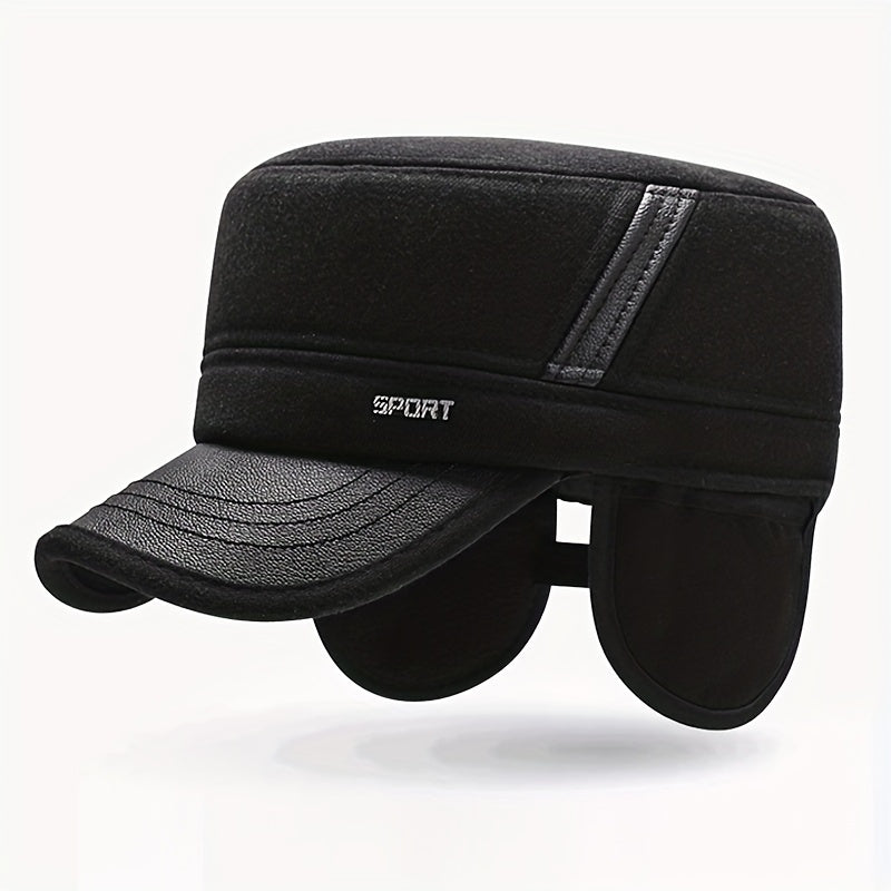 Winter Warm Thickened Hat Military Flat Top Cap With Earflaps Men's Hat