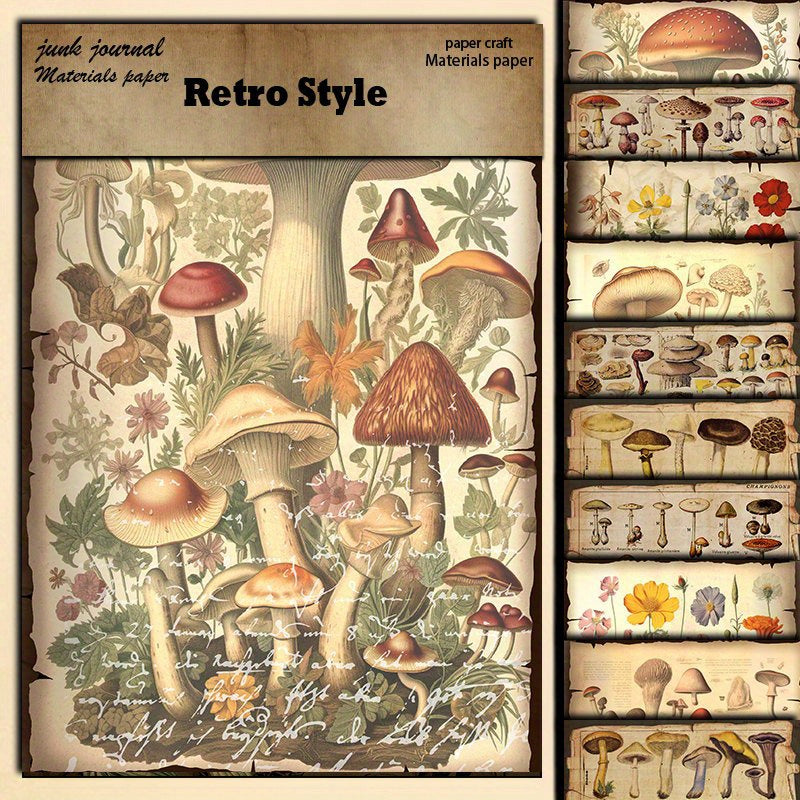 10pcs Large Size Mushroom Illustration Paper Retro Journal Decoration