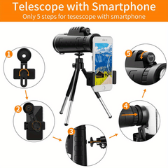 Compact Monocular Telescope with Phone Clip and Tripod
