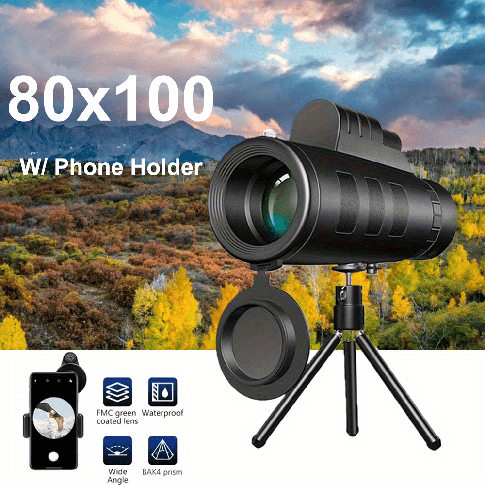Compact Monocular Telescope with Phone Clip and Tripod