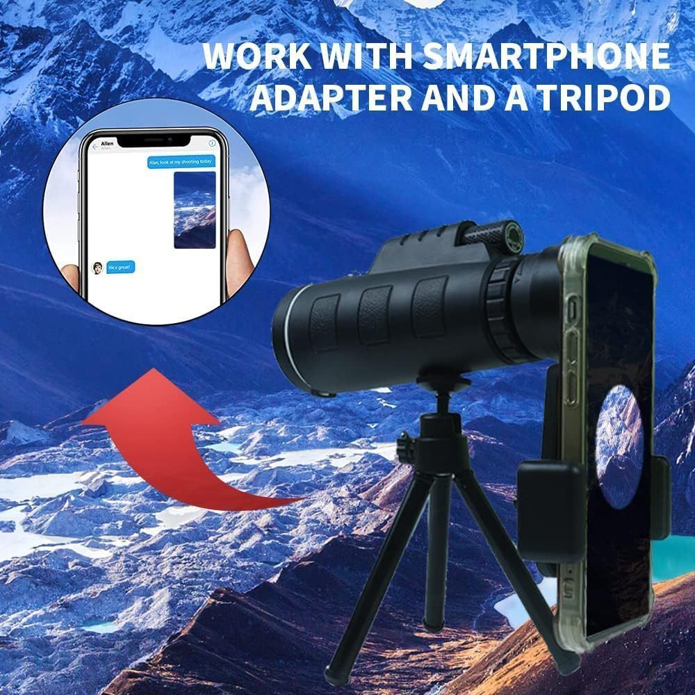 Compact Monocular Telescope with Phone Clip and Tripod