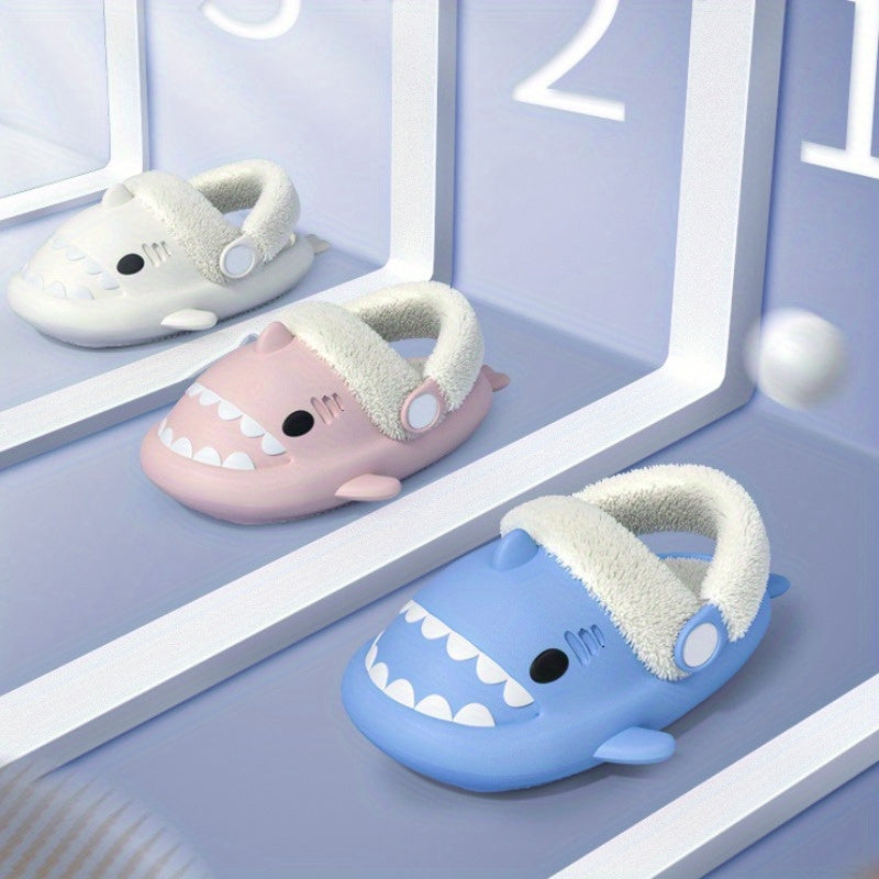 Cartoon Shark Fleece House Shoes for Boys Non-Slip Soft Bottom Walking Shoes