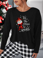 Women's Plus Size Plaid Snowman & Slogan Print Long Sleeve Lounge Top