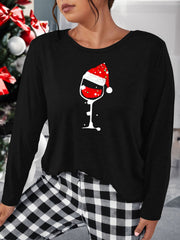 Christmas Lounge Top Women's Hat & Goblet Print Long Sleeve