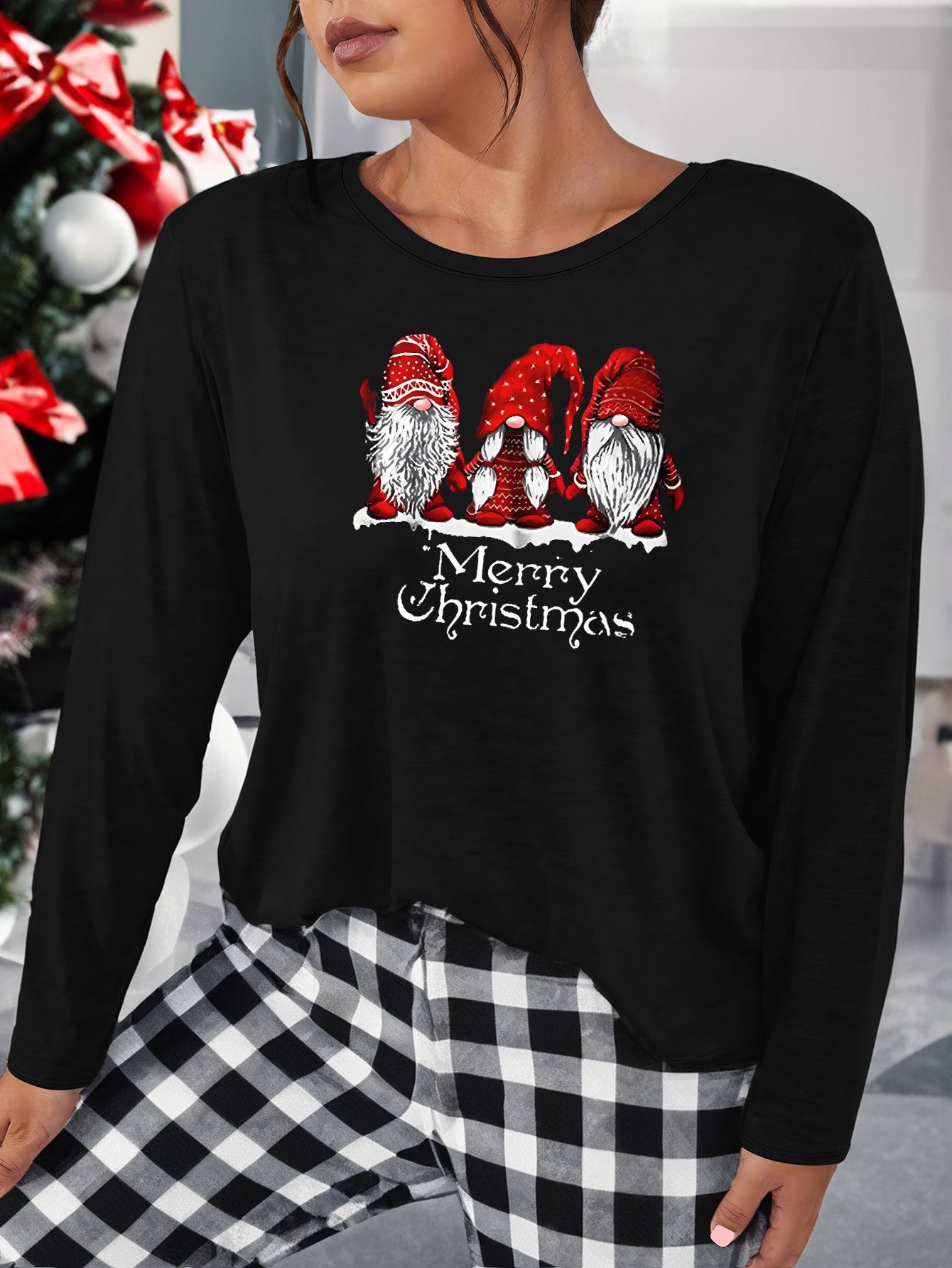 Gnomes & Letter Print Plus Size Christmas Lounge Top