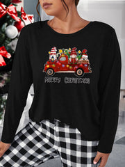 Women's Plus Size Gnome & Car Print Christmas Lounge Top Long Sleeve Tee